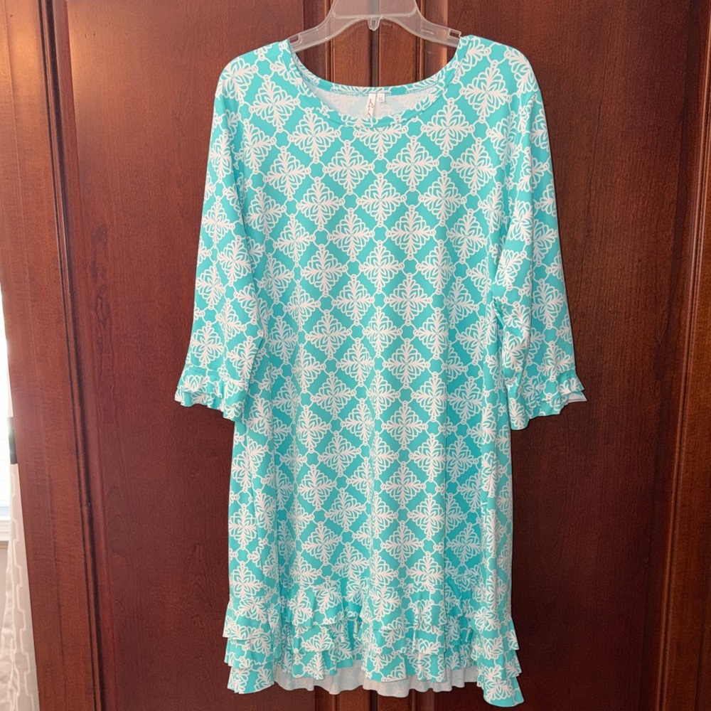 Lulu-B Aqua and White Patterned Ruffle-Hem Dress